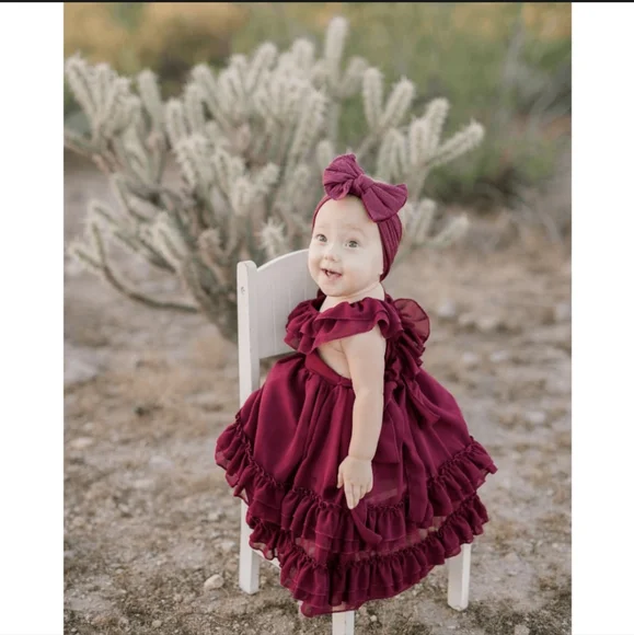 Burgundy baby girls ruffle dress size 12-18 months - Picture 2 of 6